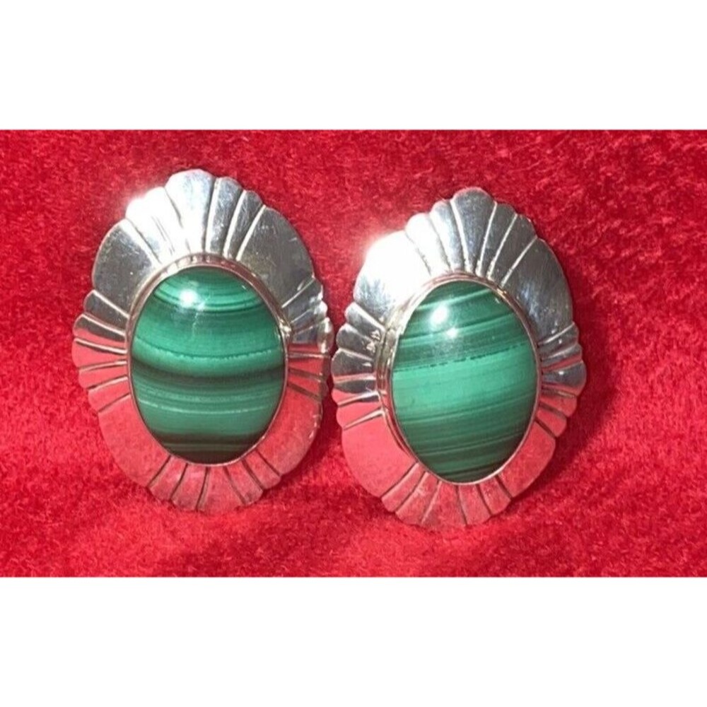 Navajo Hand Stamped Earrings Sterling Silver Green Malachite M Begay CLIP-ON VTG